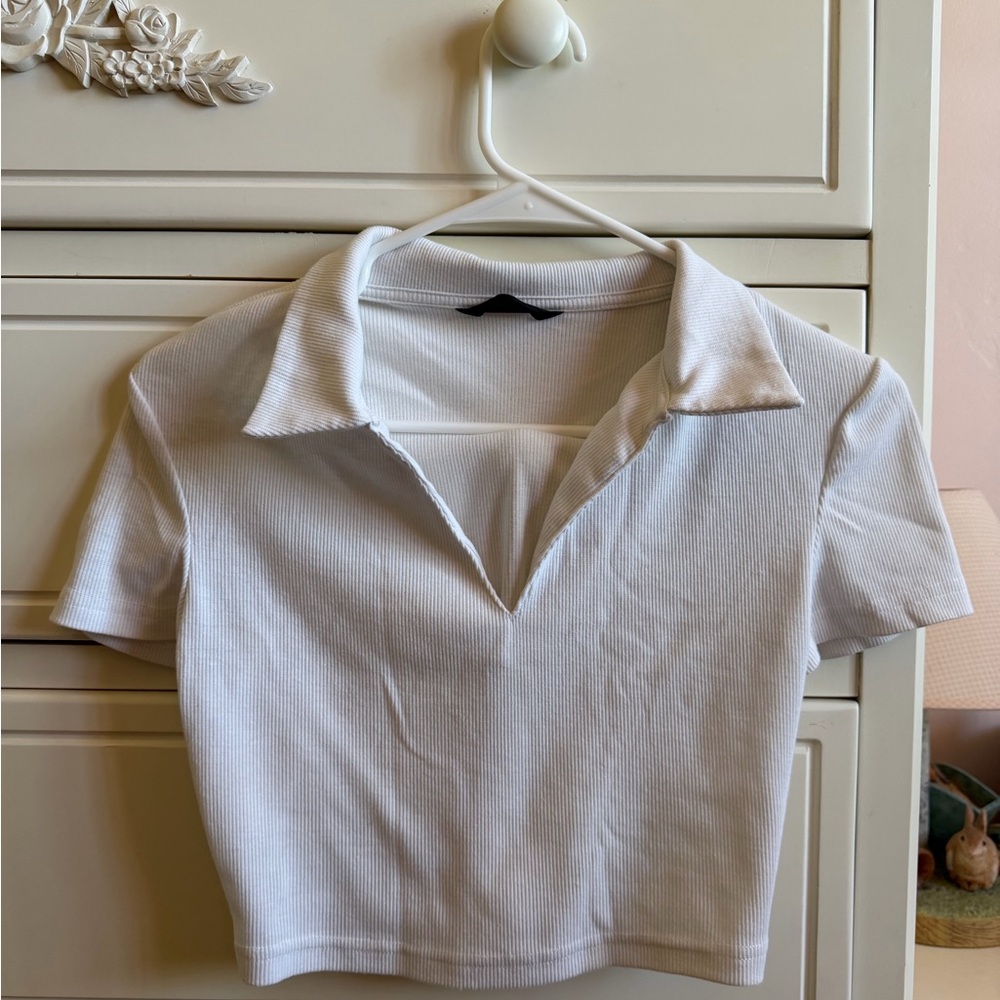 White Ribbed Women's Polo Top